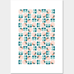 Retro Geometric Floral Pattern Teal, Peach, Dark Salmon Posters and Art